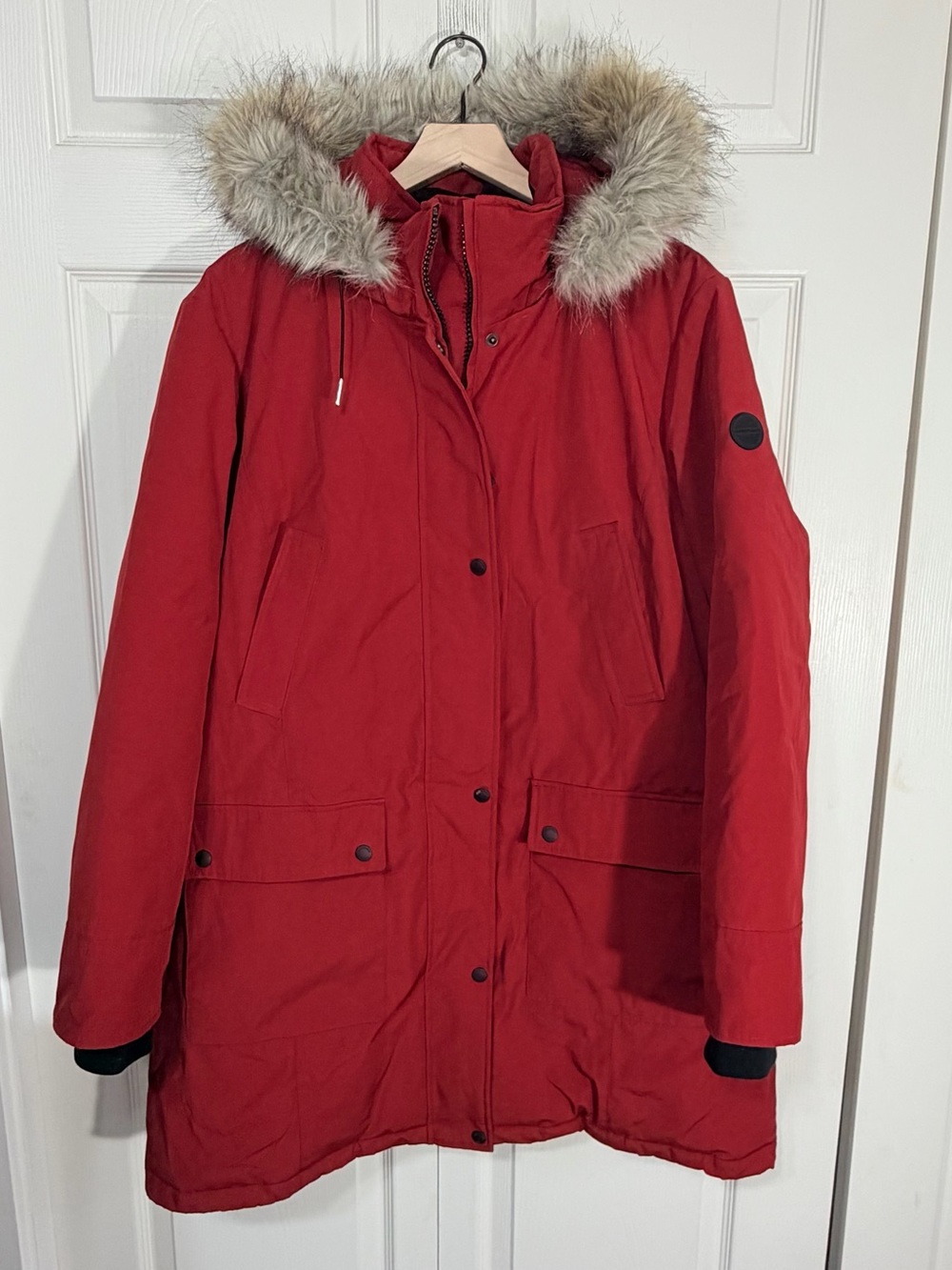 Andrew Marc Womens Red Insulated Faux Fur Hood Long Parka Winter Coat XXL